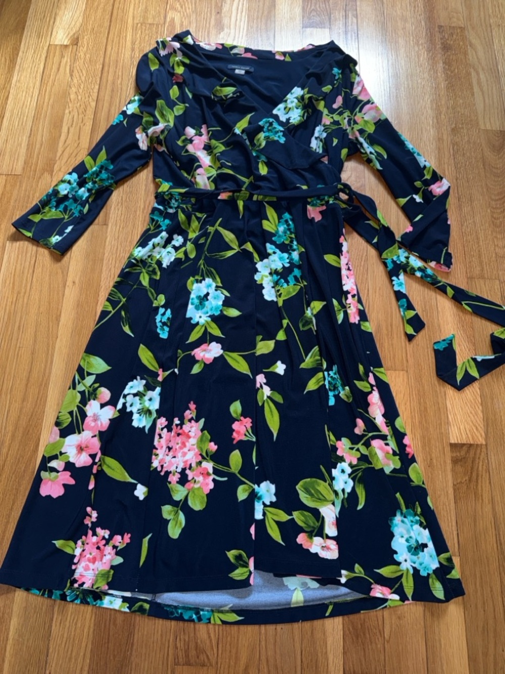 Tommy Hilfiger Navy Floral Wrap Midi Dress with Pink & Green Accents